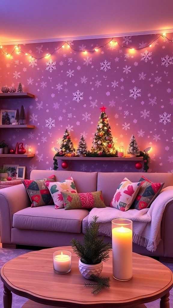 A festive living room with Christmas wallpaper, string lights, and cozy decorations.